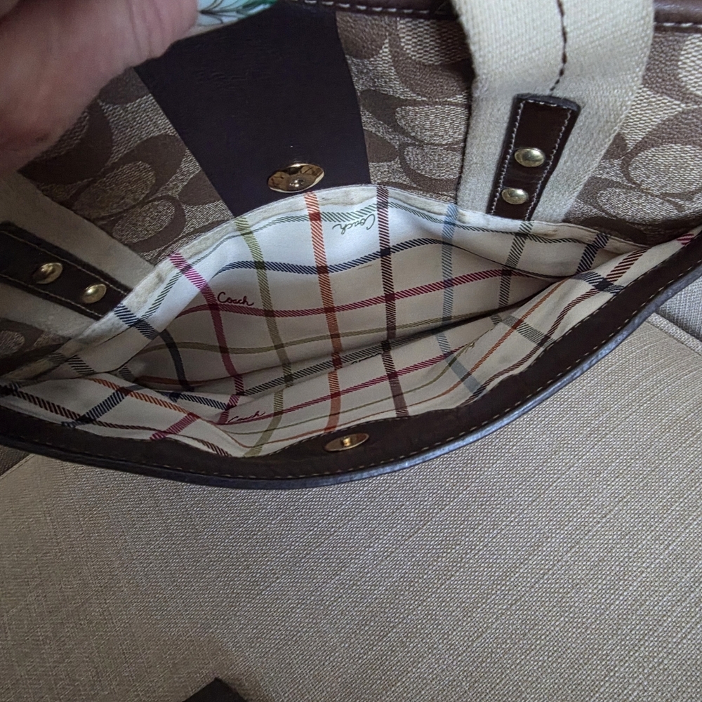 Coach Brown Signature Canvas Tote with Red Logo and Dark Brown Stripe - Picture 12 of 16